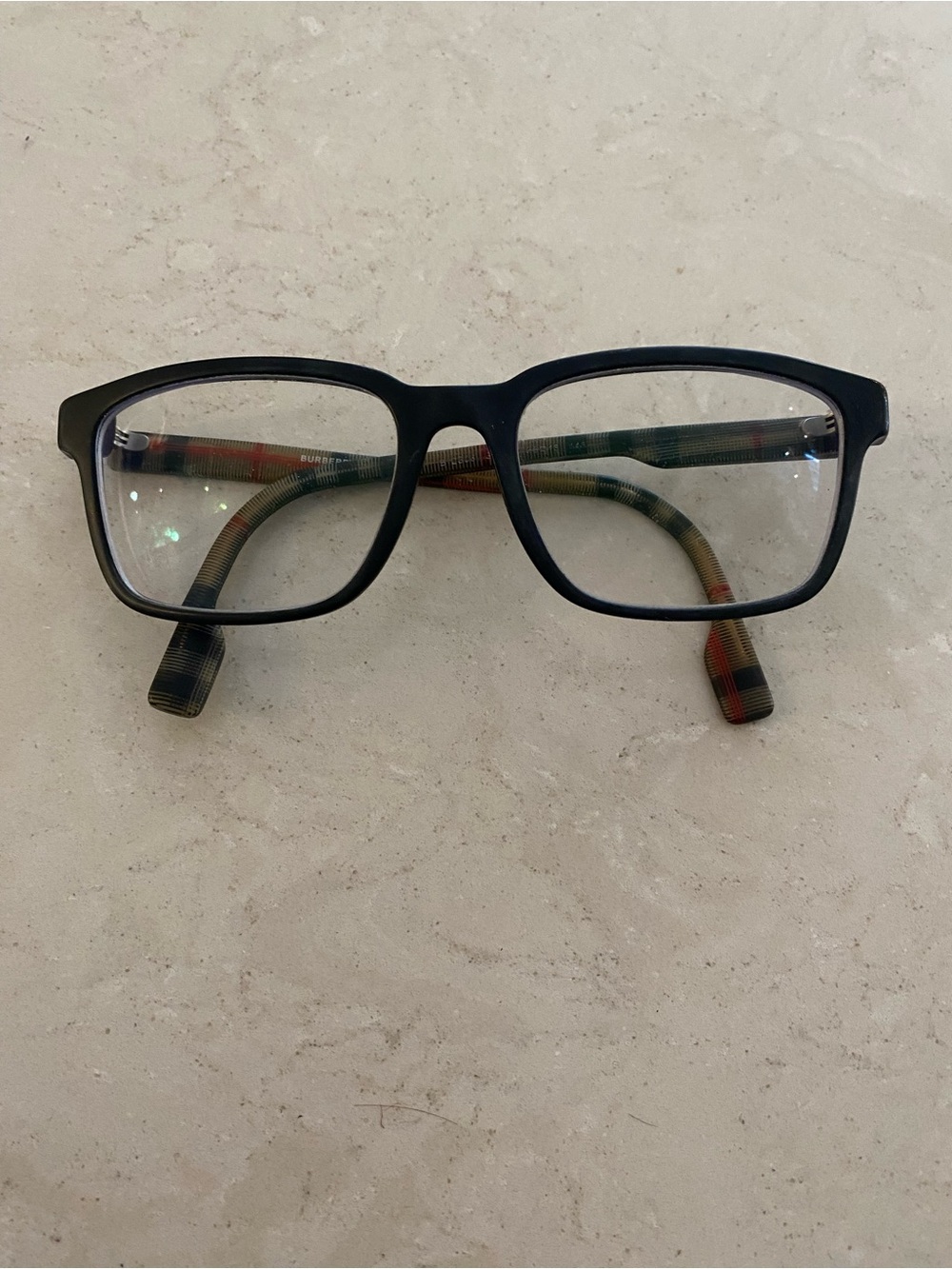 Burberry Men’s Frame Eyeglasses with Multicolor Plaid Temples